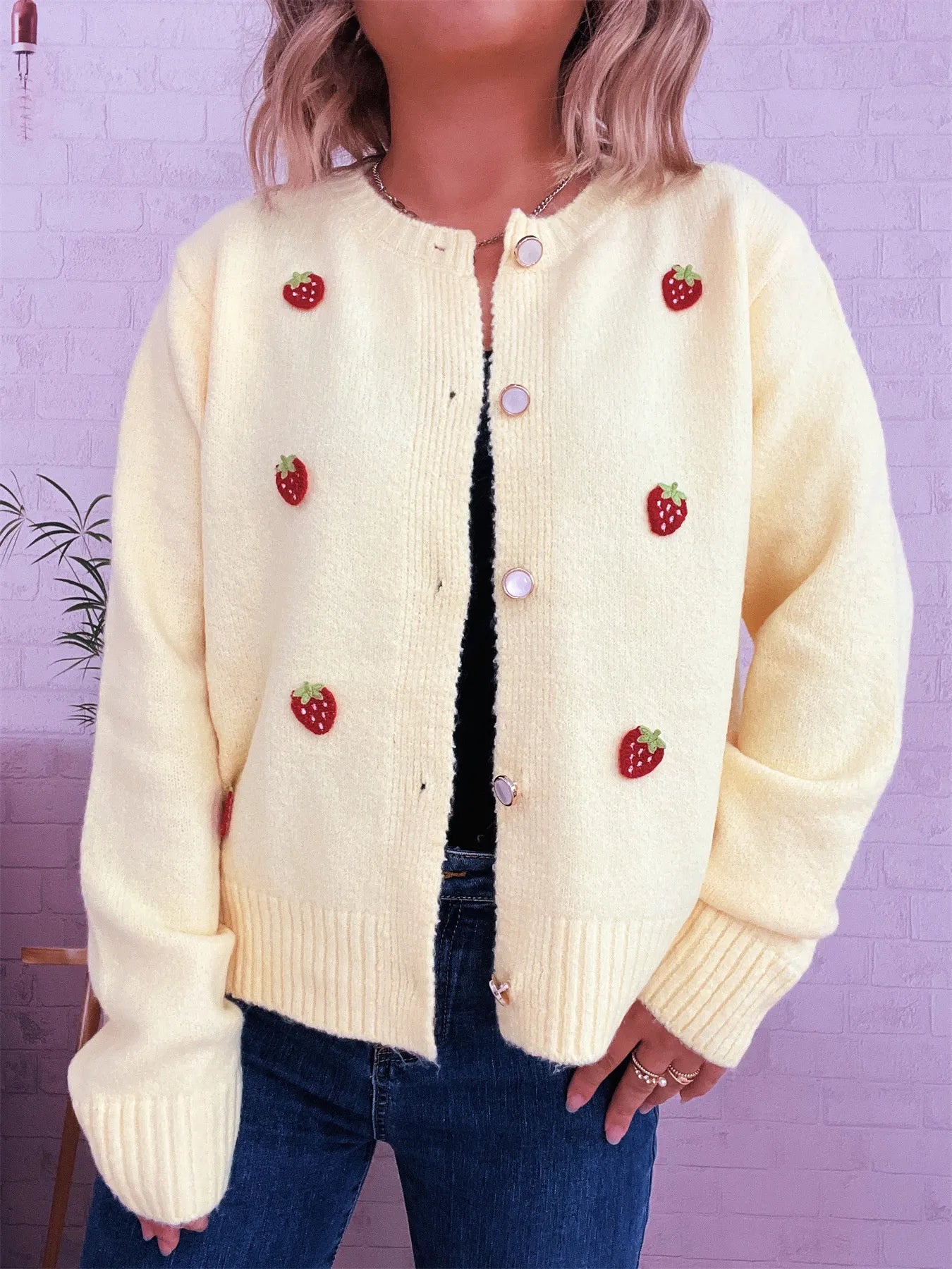 Strawberry Button Up Long Sleeve Cardigan Trendsi