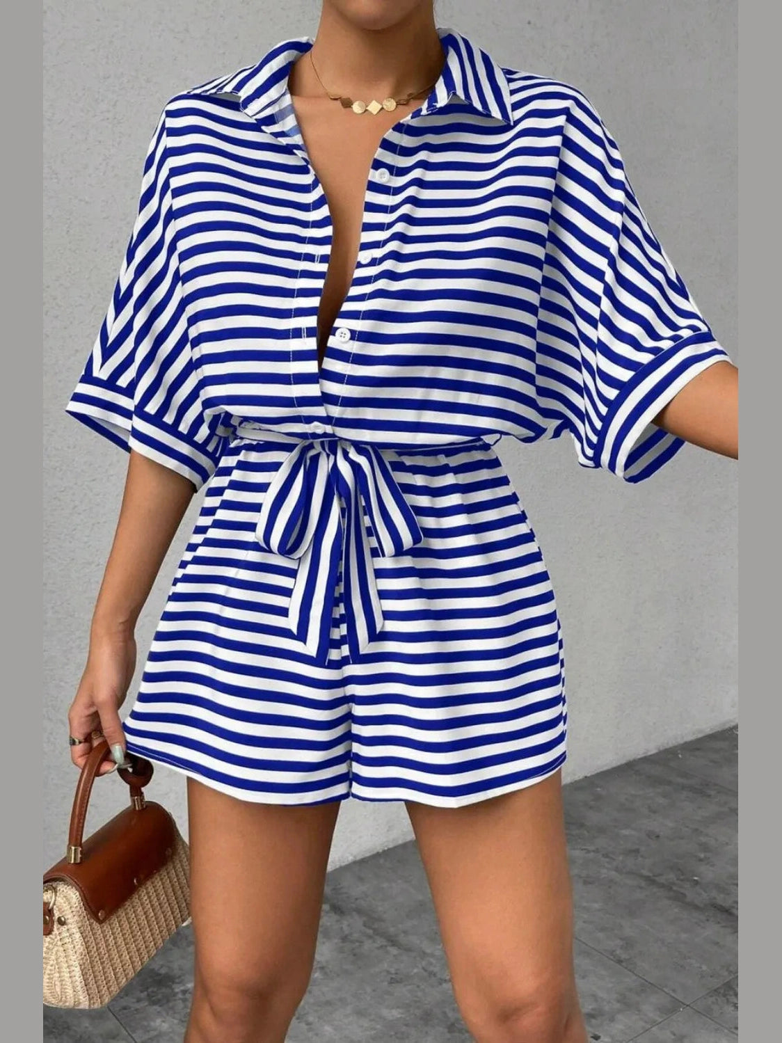 Striped Collared Neck Tie Waist Romper nicholesgifts