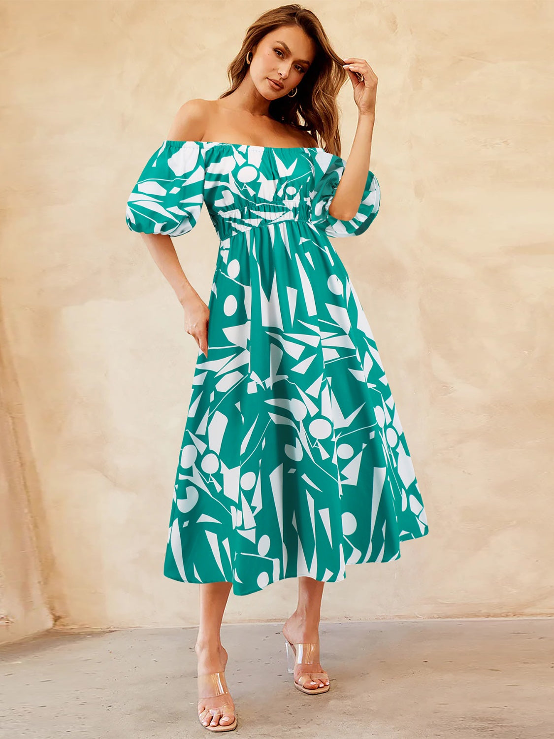 Printed Off-Shoulder Balloon Sleeve Dress nicholesgifts