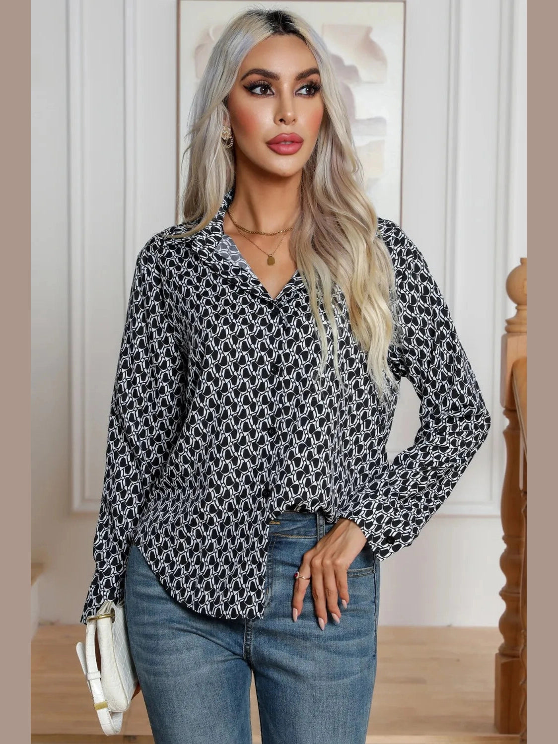 Printed Buttoned Long Sleeve Shirt NicholesGifts