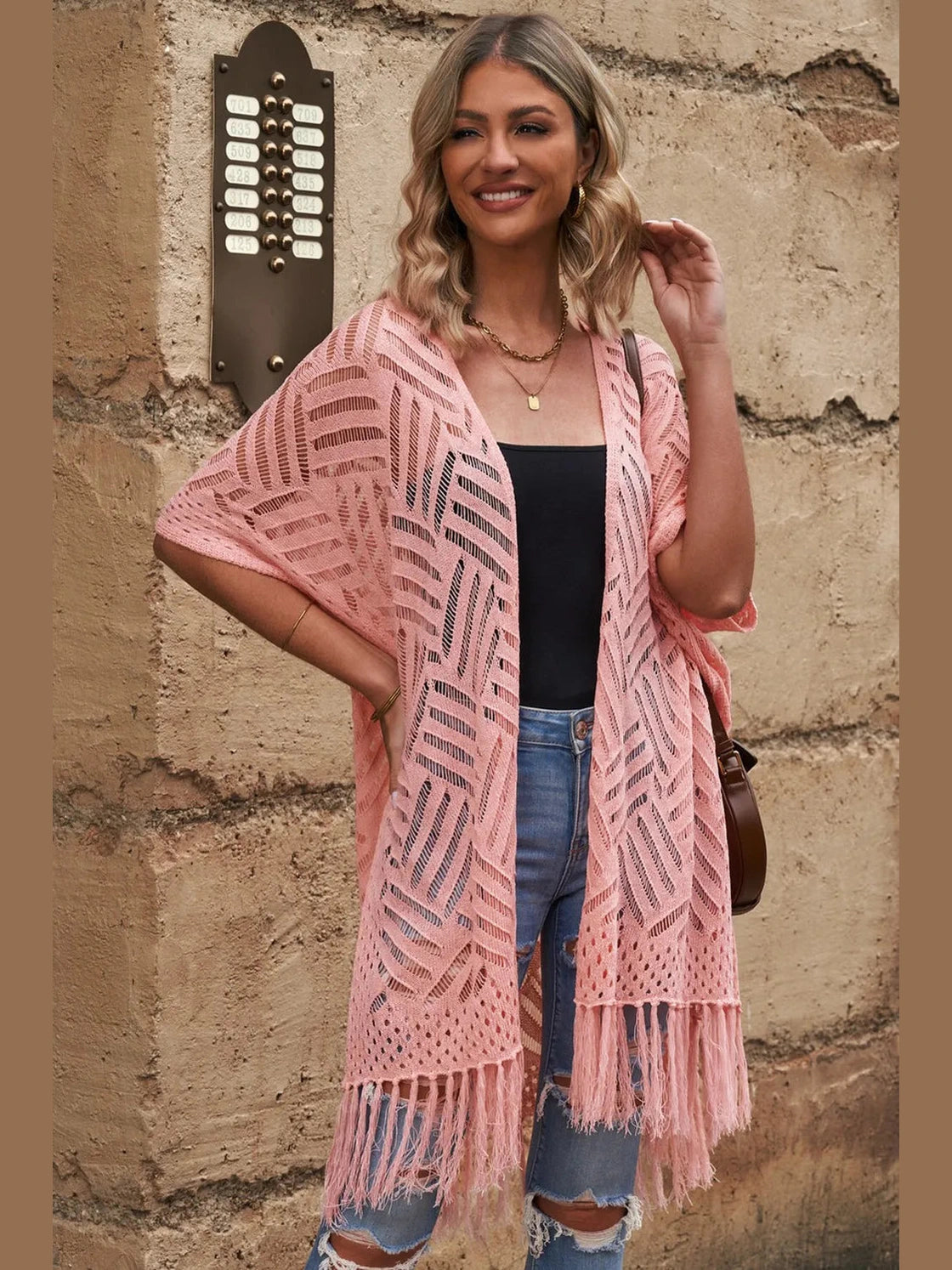 Openwork Open Front Cardigan with Fringes nicholesgifts