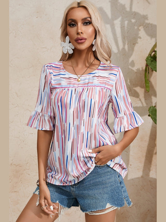 Printed Round Neck Flounce Sleeve Blouse NicholesGifts