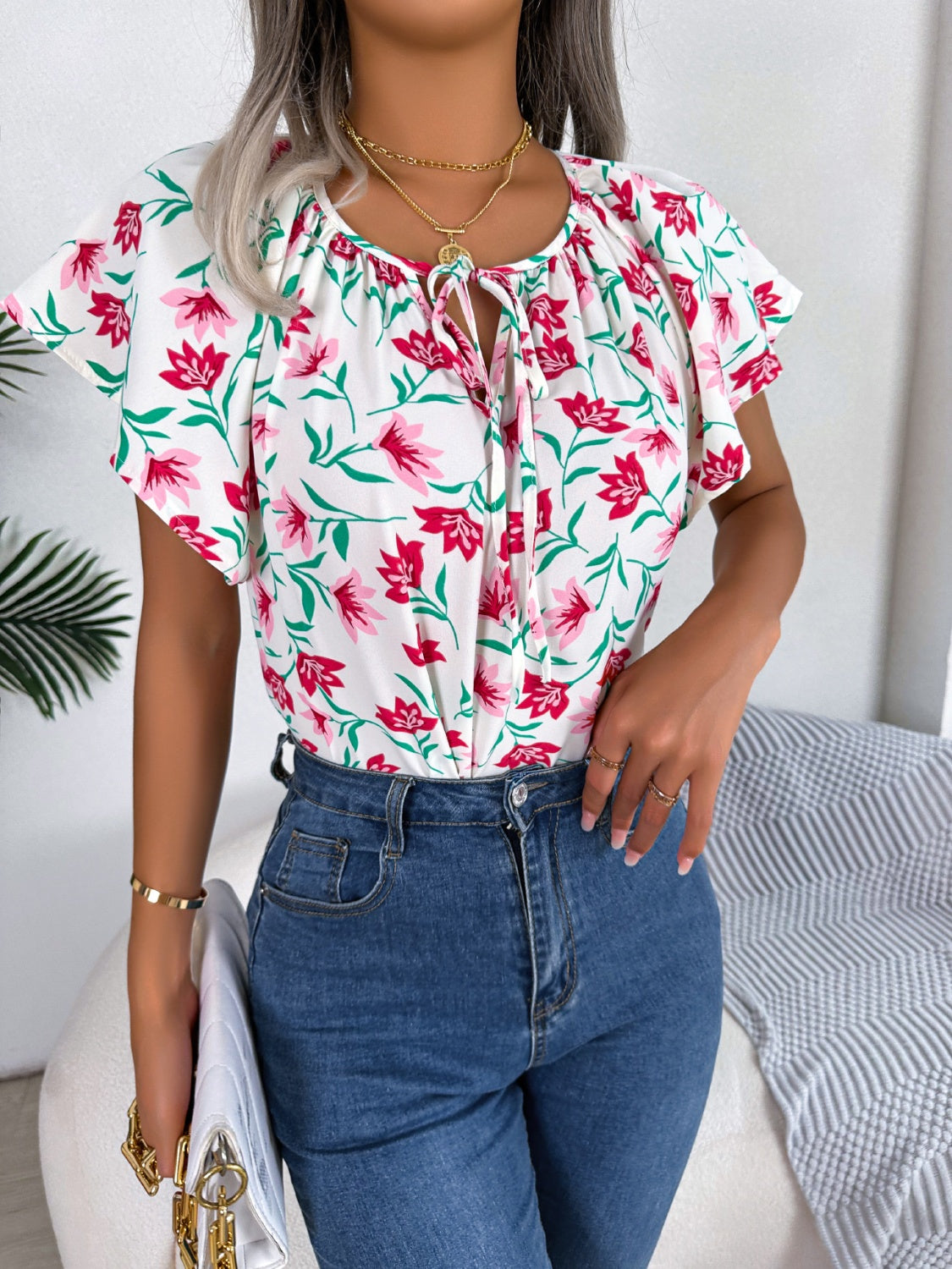 Floral Tie Neck Flutter Sleeve Blouse nicholesgifts