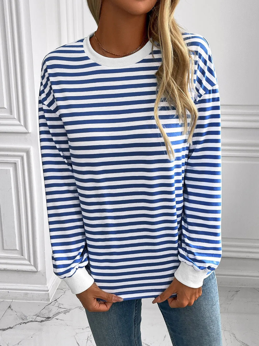 Ivy Lane Striped Round Neck Long Sleeve Sweatshirt Trendsi