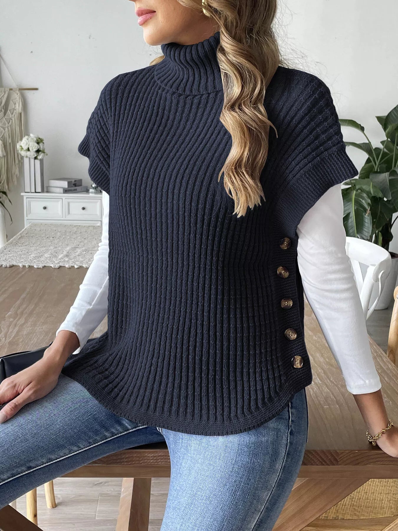 Turtleneck Side Decor Button Sweater Vest nicholesgifts