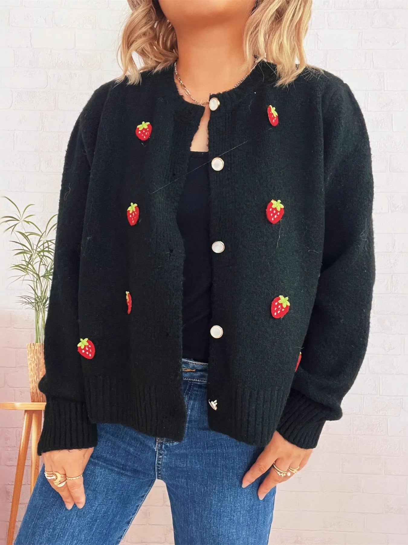 Strawberry Button Up Long Sleeve Cardigan Trendsi