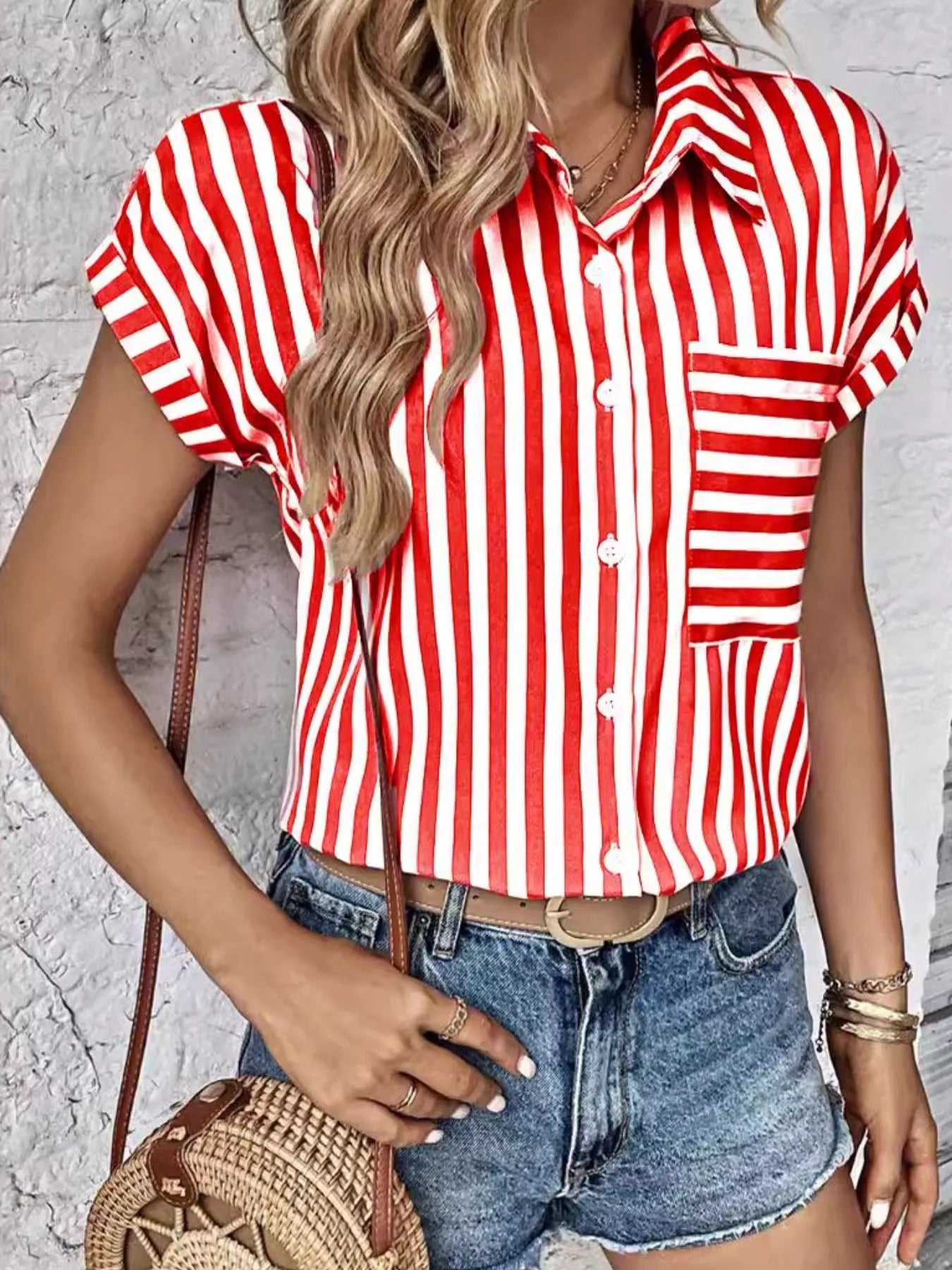 Striped Button-Up Short Sleeve Shirt with Pocket