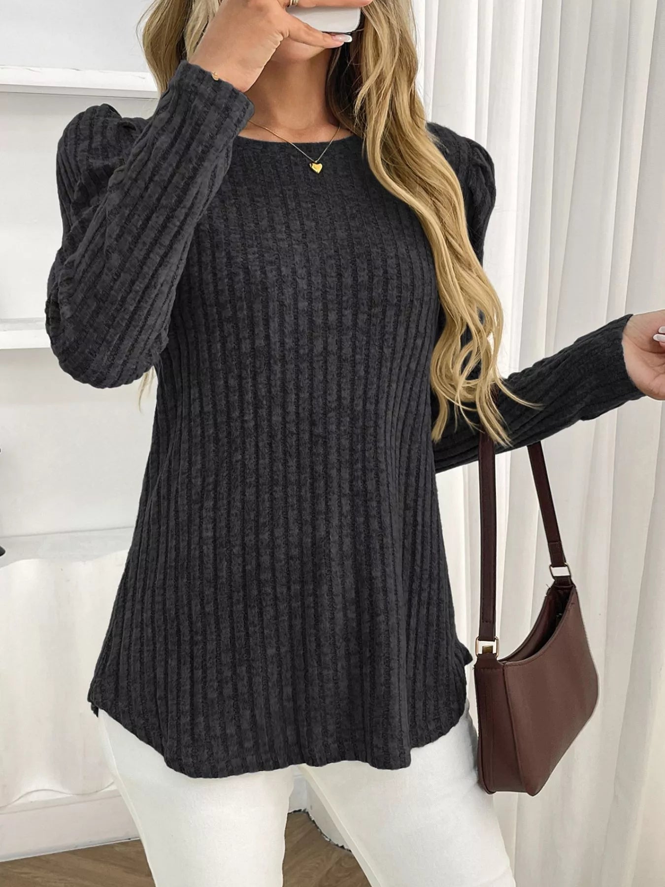 Round Neck Puff Sleeve T-Shirt Trendsi
