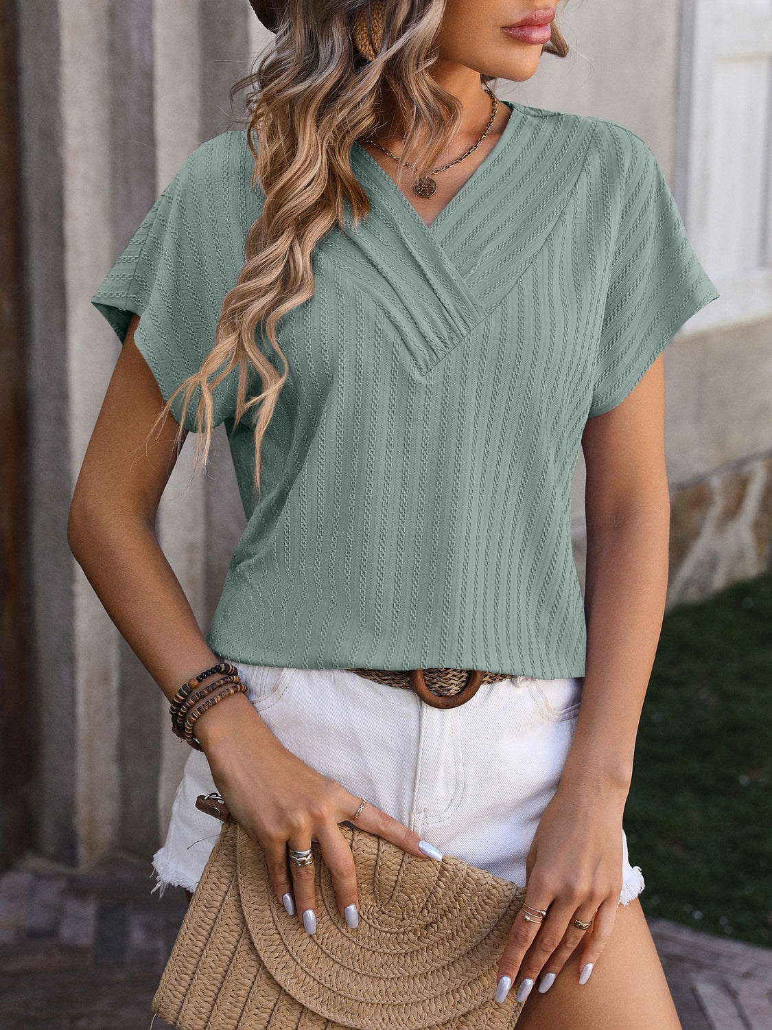 Textured Surplice Short Sleeve Blouse nicholesgifts