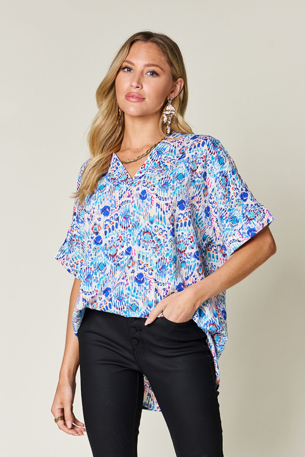 Double Take Full Size Printed V-Neck Short Sleeve Blouse nicholesgifts