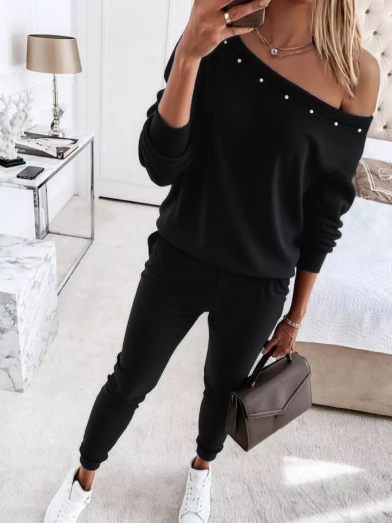 One-Shoulder Pearl Embellished Top and Pants Set nicholesgifts