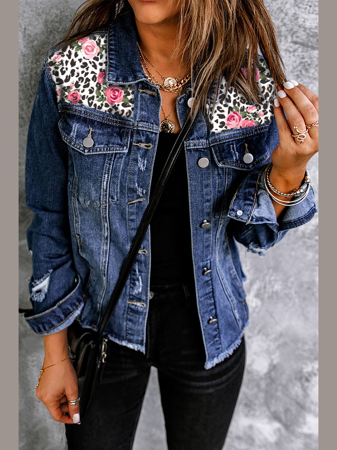 Mixed Print Distressed Button Front Denim Jacket nicholesgifts