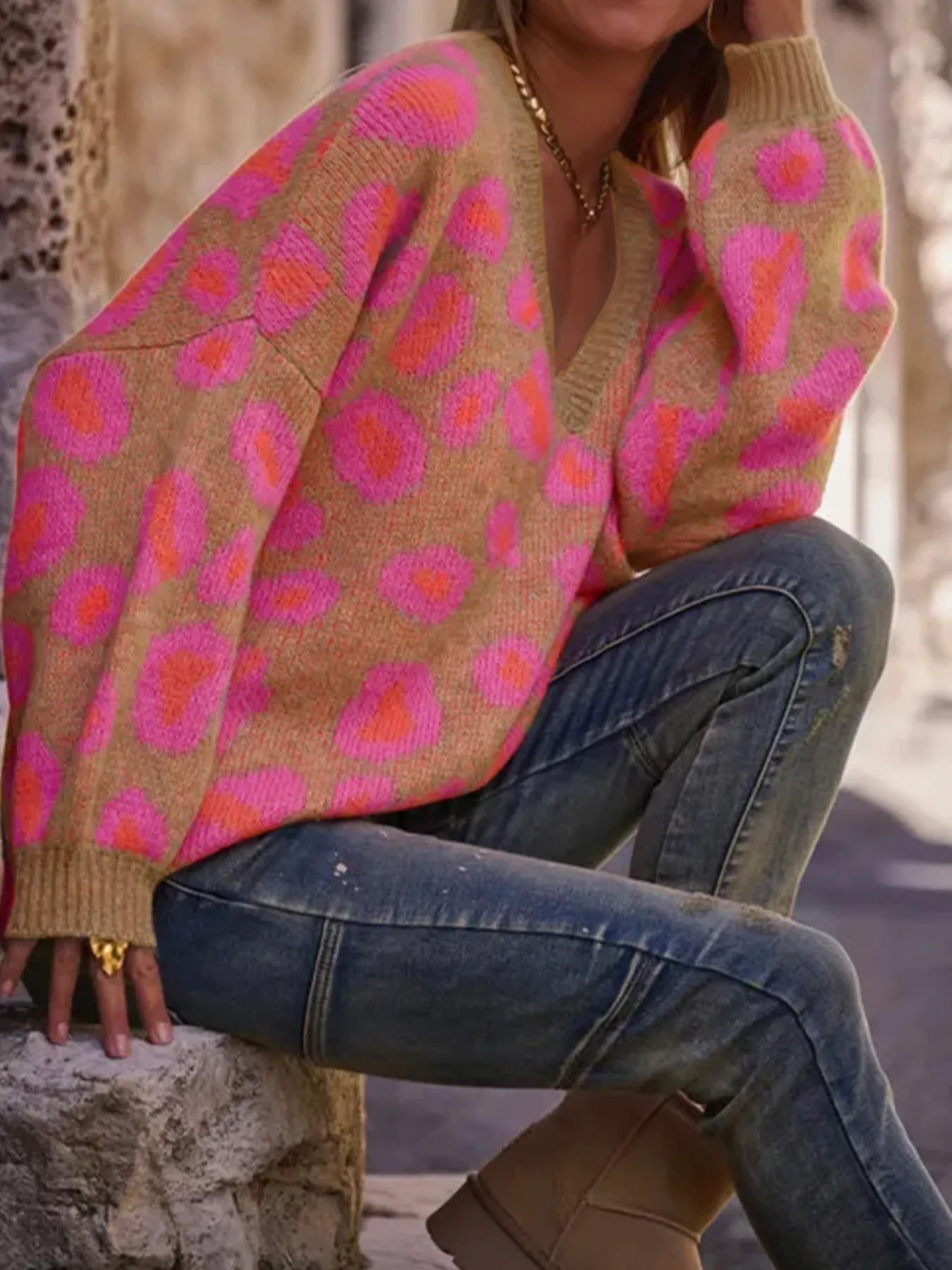 Women Leopard Oversized V-Neck Sweater
