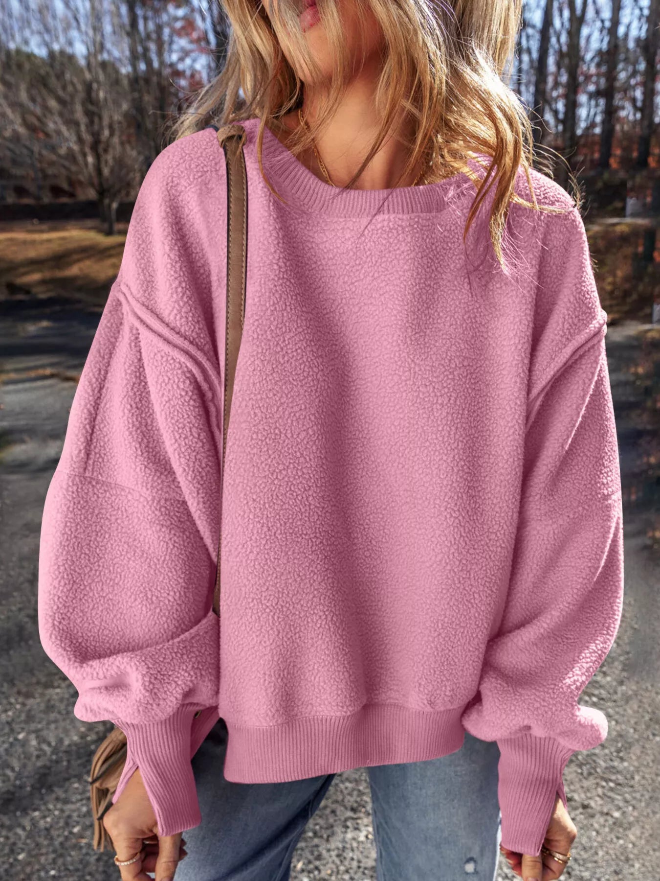 Round Neck Dropped Shoulder Sweatshirt Trendsi