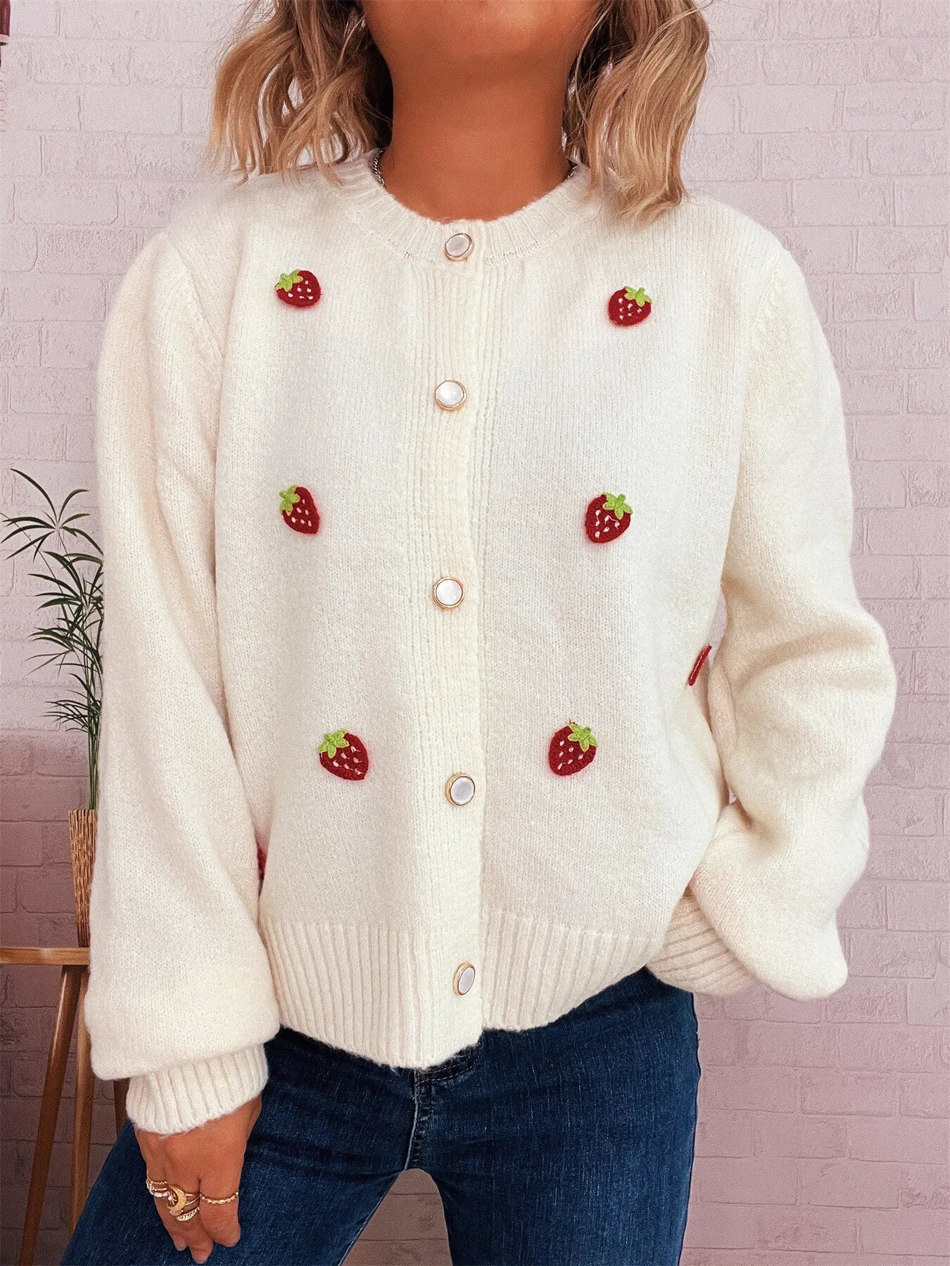 Strawberry Button Up Long Sleeve Cardigan Trendsi