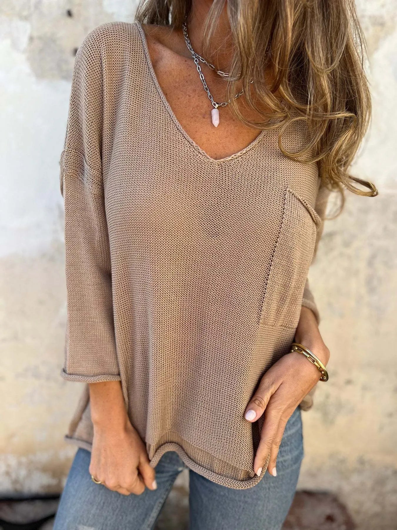 Full Size Casual V-Neck Knit Sweater Plus Size Trendsi