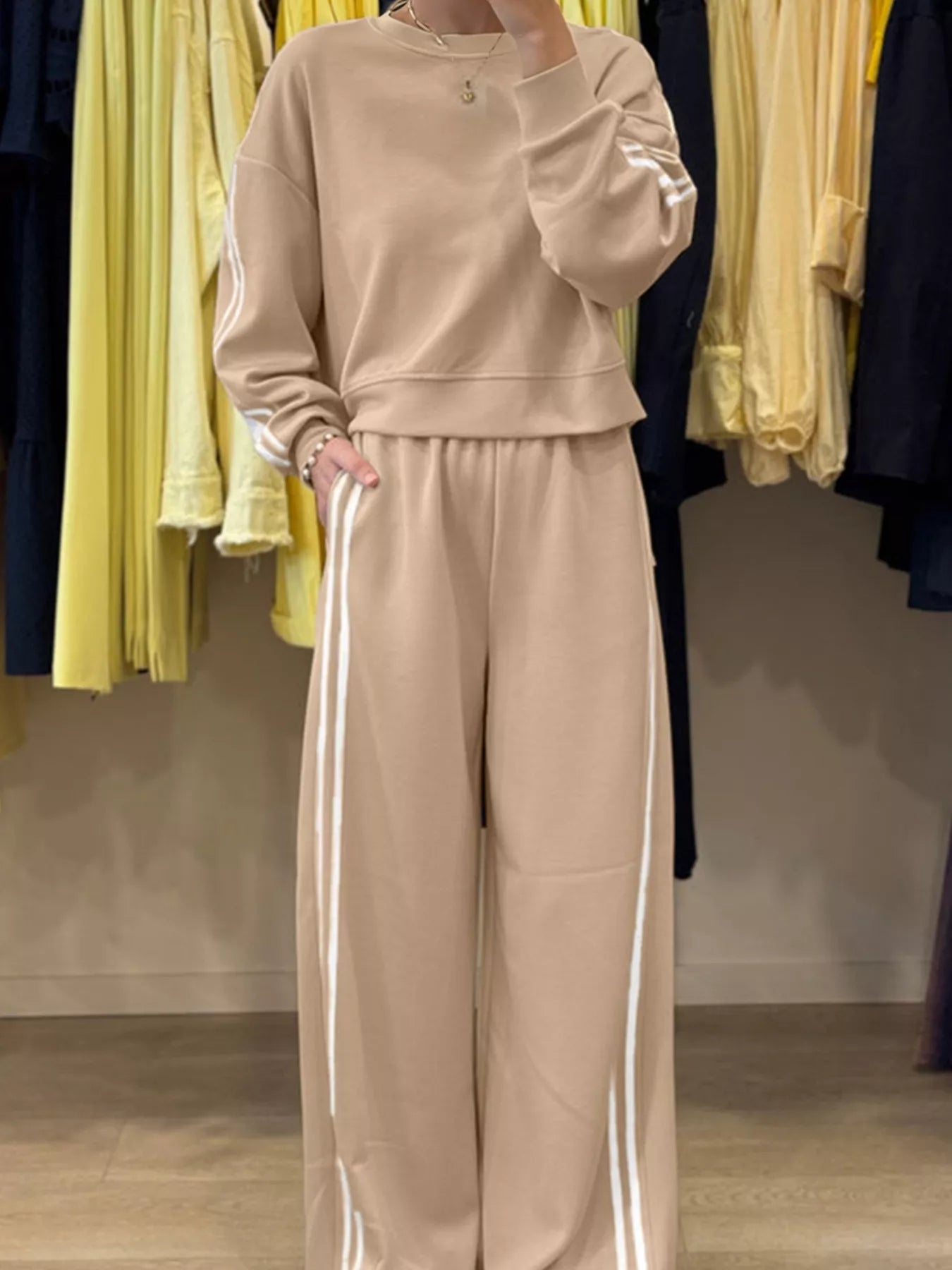 Striped Detail Crewneck Top and Elastic Sweatpants 2pcs Set Trendsi