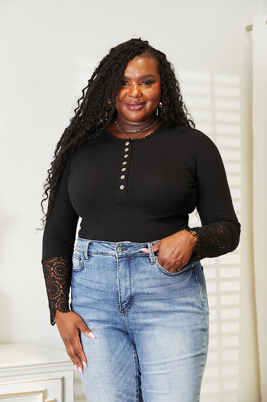 Double Take Crochet Lace Hem Sleeve Button Top NicholesGifts