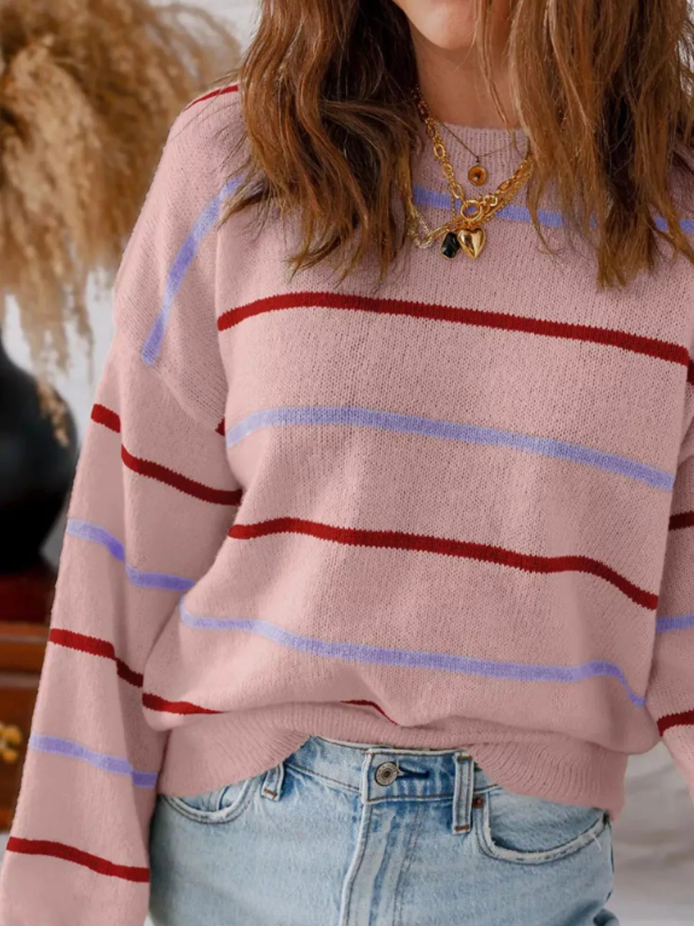 Striped Round Neck Drop Shoulder Sweater NicholesGifts