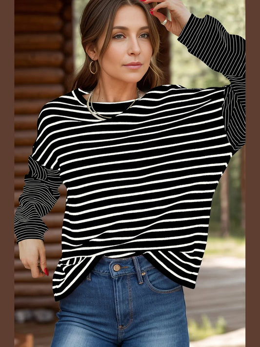 Striped Round Neck Dropped Shoulder Top NicholesGifts