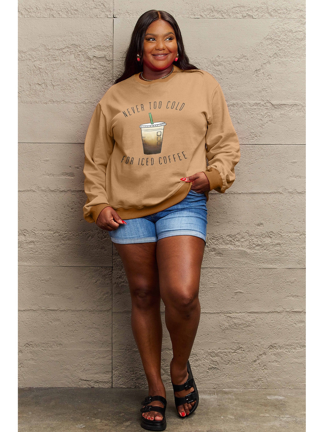 Women Simply Love Full Size Never Too Cold For Iced Coffee Round Neck Sweatshirt nicholesgifts