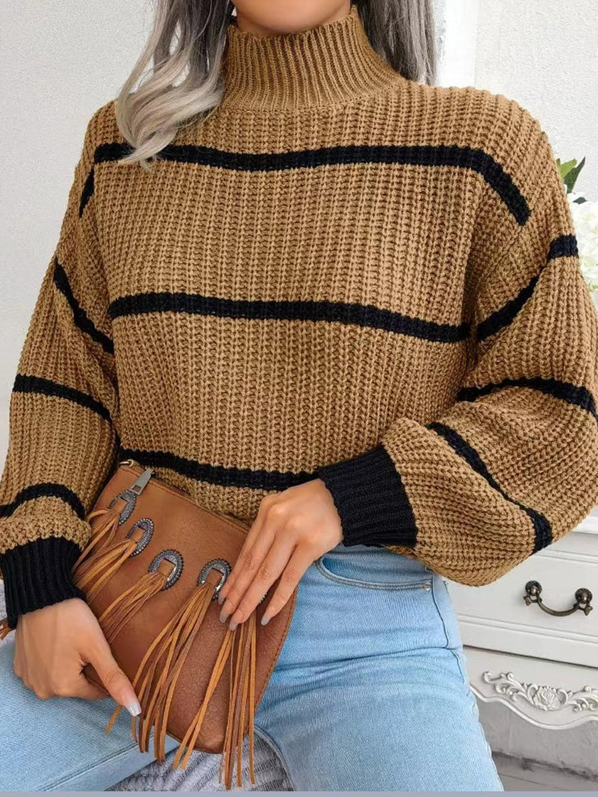Striped Mock Neck Dropped Shoulder Sweater Trendsi