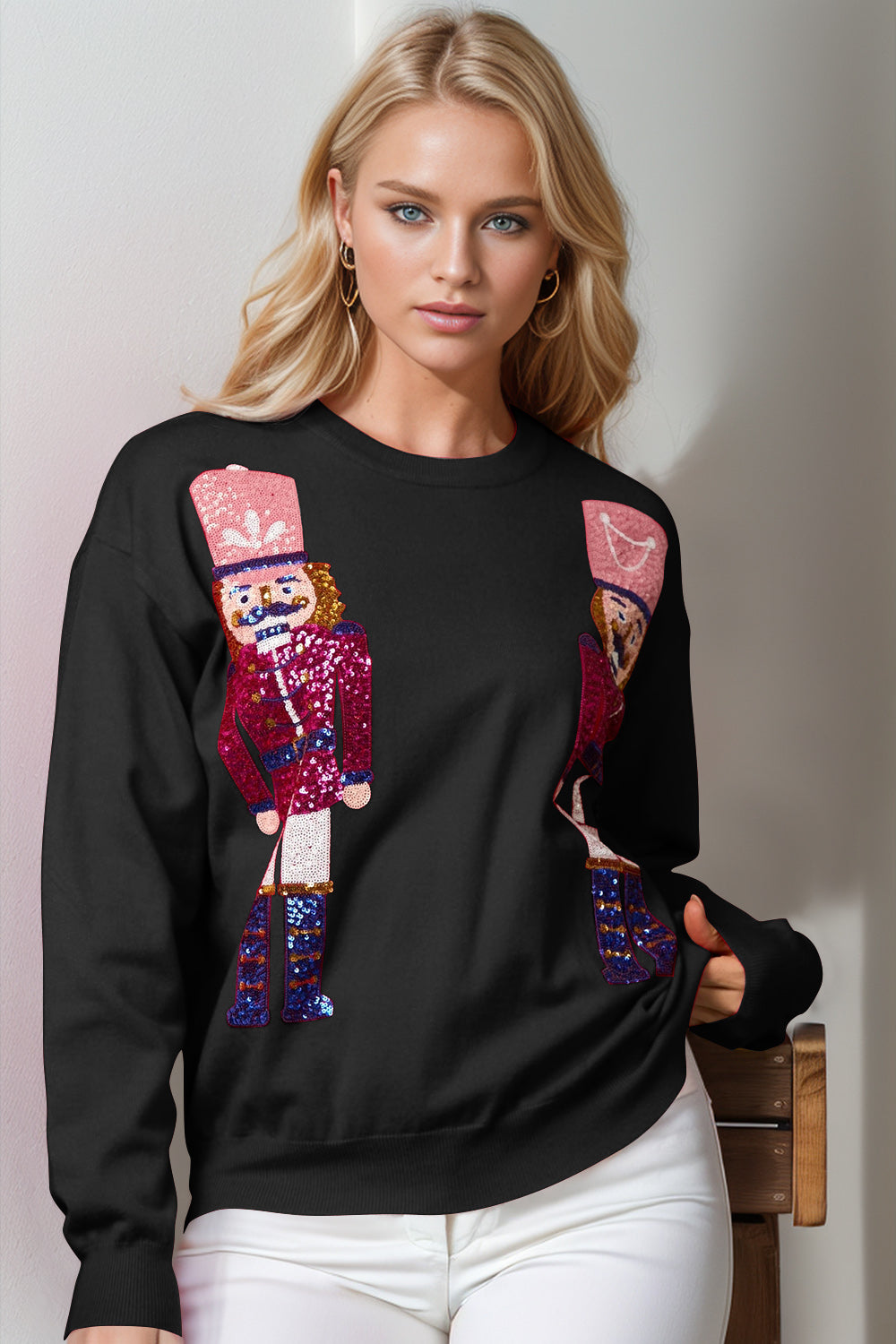 Double Take Full Size Nutcracker Sequin Long Sleeve Sweater NicholesGifts