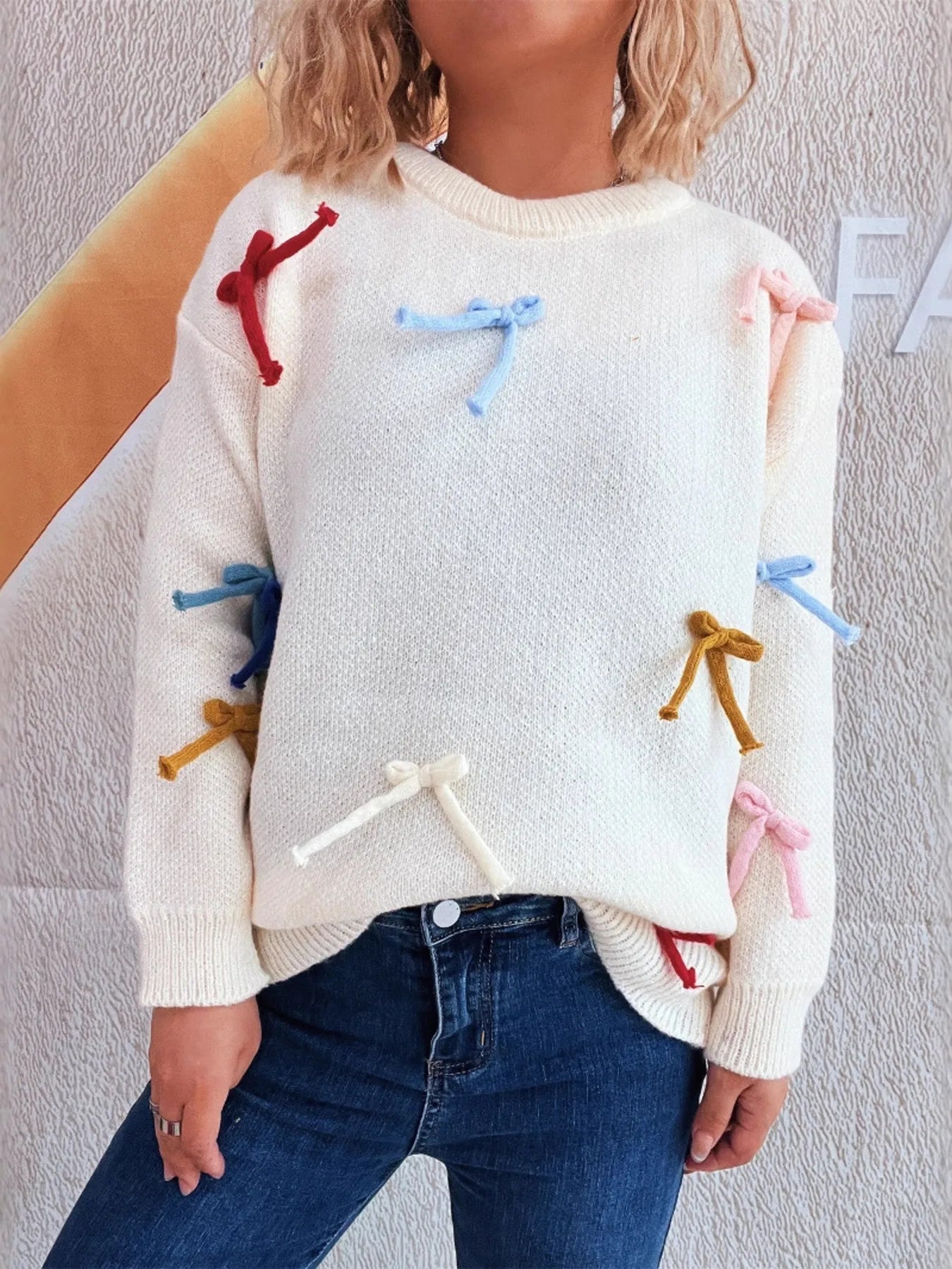 Colorful Bow Round Neck Sweater