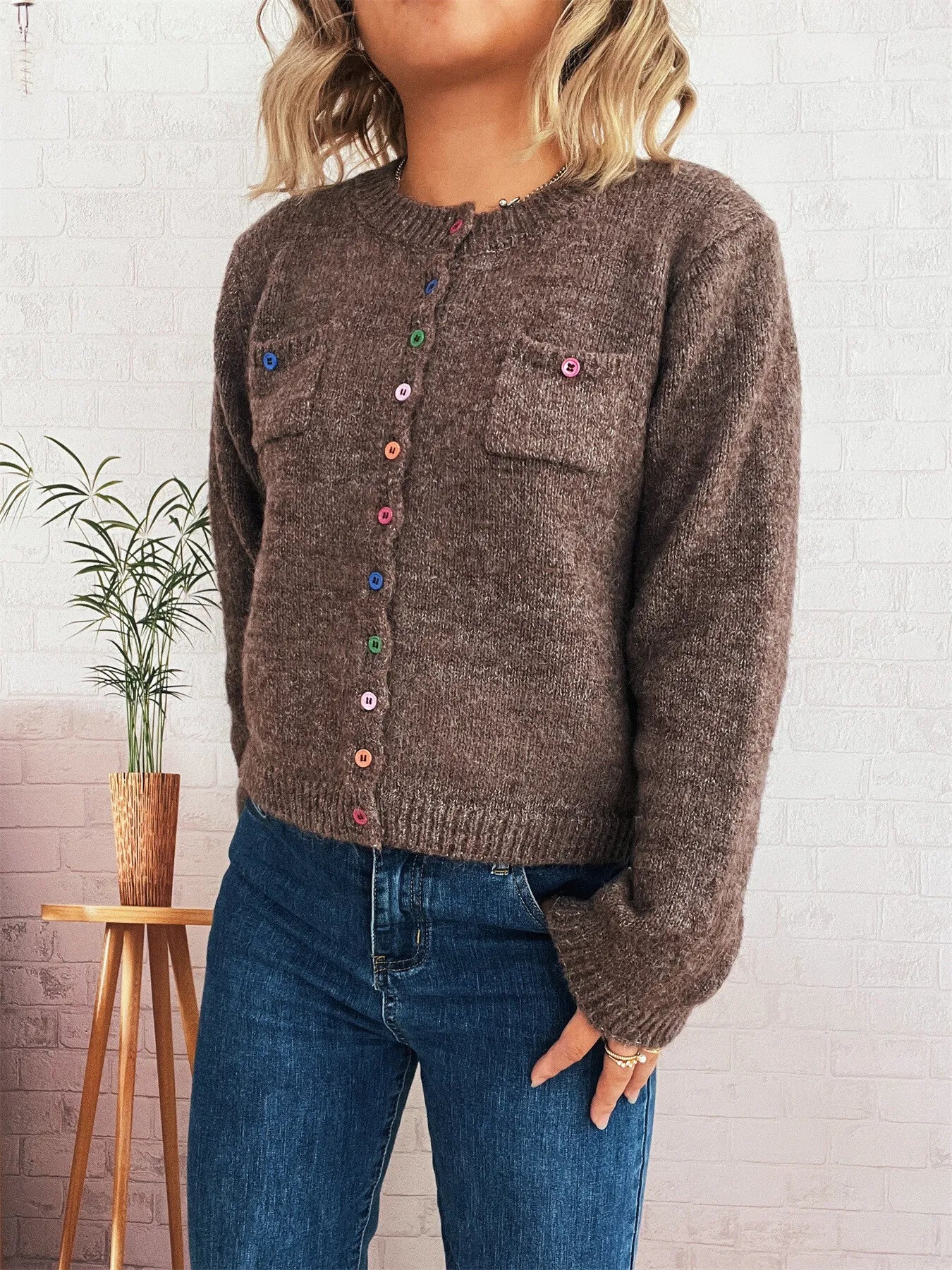 Button-Up Ribbed Hem Cardigan with Chest Pocket
