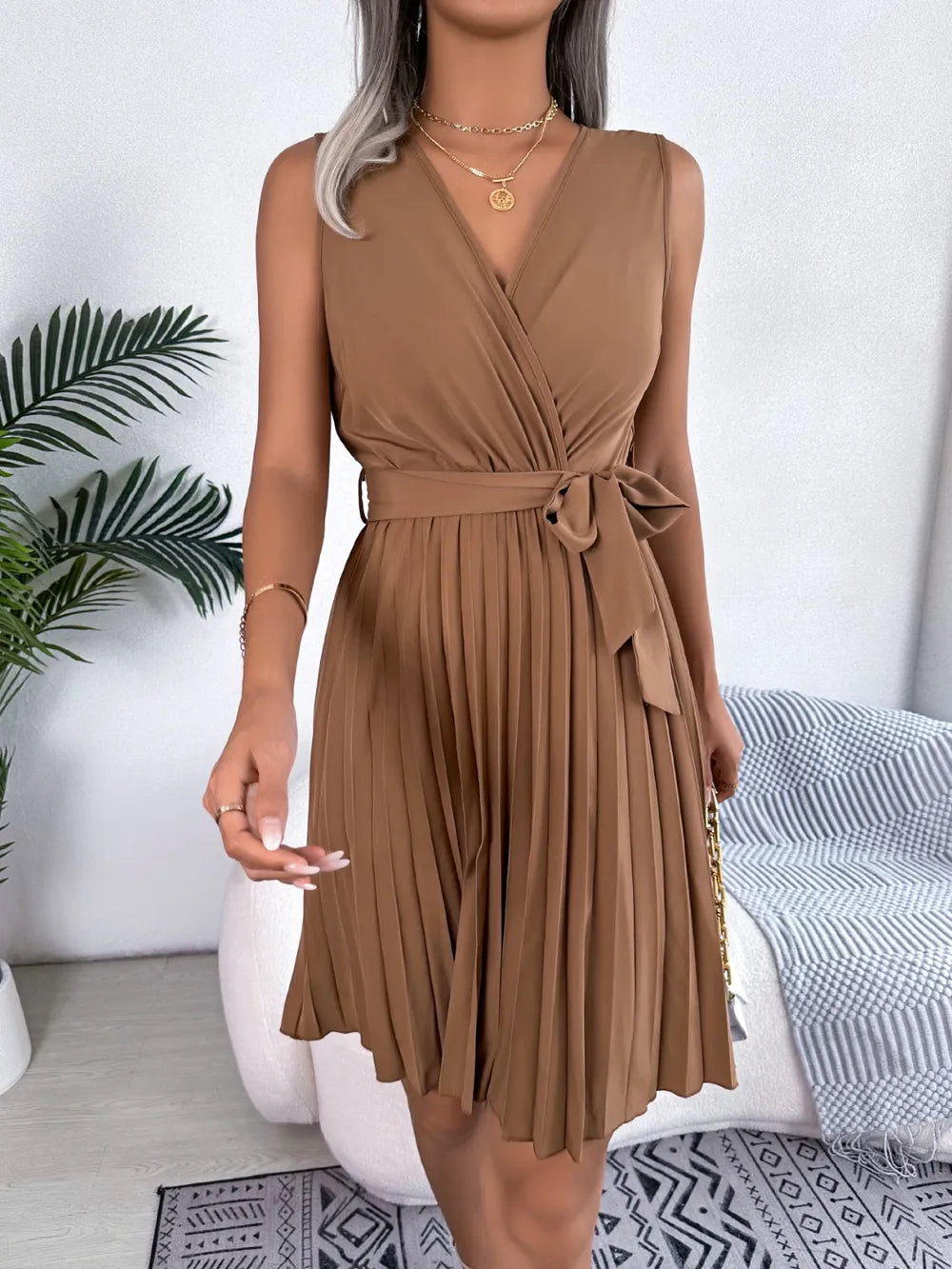 Tied Surplice Sleeveless Pleated Dress nicholesgifts