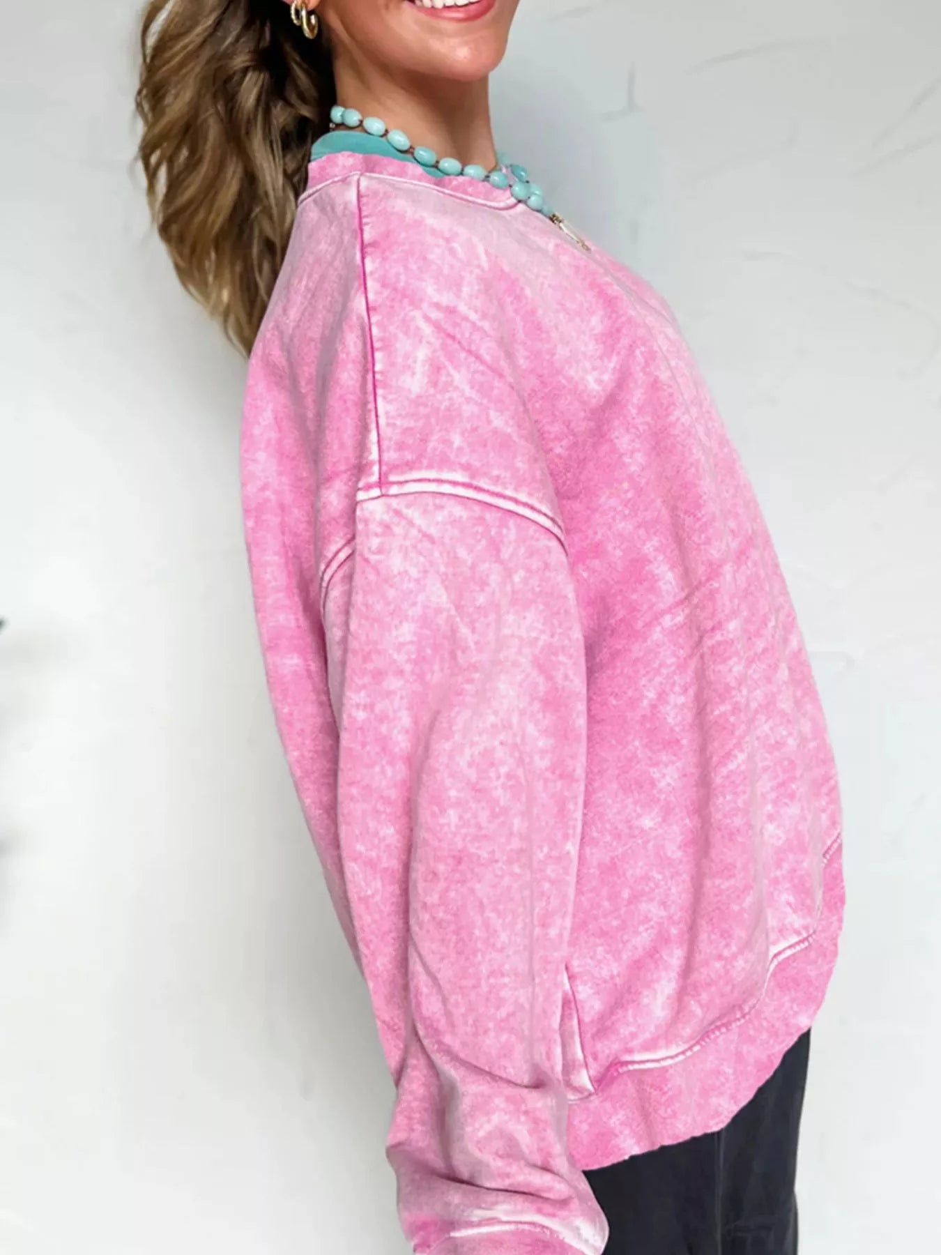 Mineral Wash Crossed Crew Neck Drop Shoulder Loose Sweatshirt Trendsi