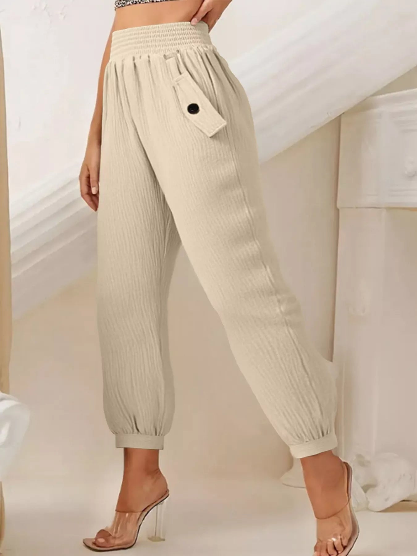 Women Smocked Textured Casual Pants nicholesgifts