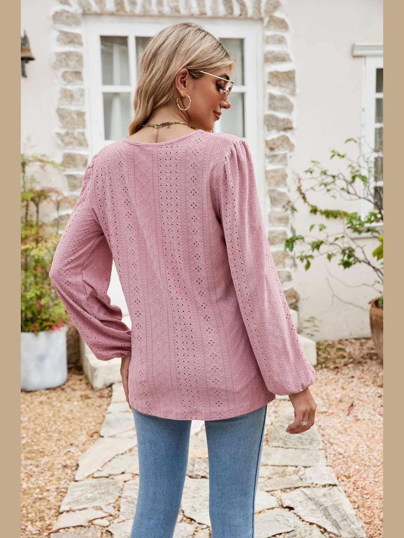 Eyelet Notched Neck Balloon Sleeve Blouse