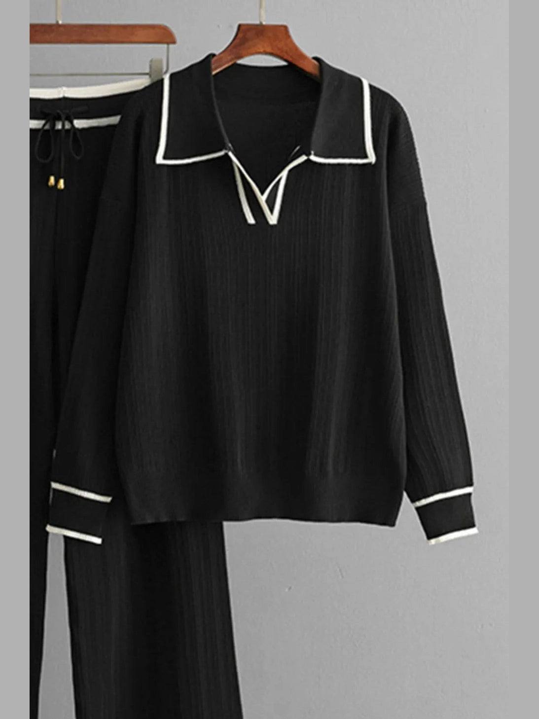 Contrast Trim Johnny Collar Top and Drawstring Pants Sweater Set nicholesgifts