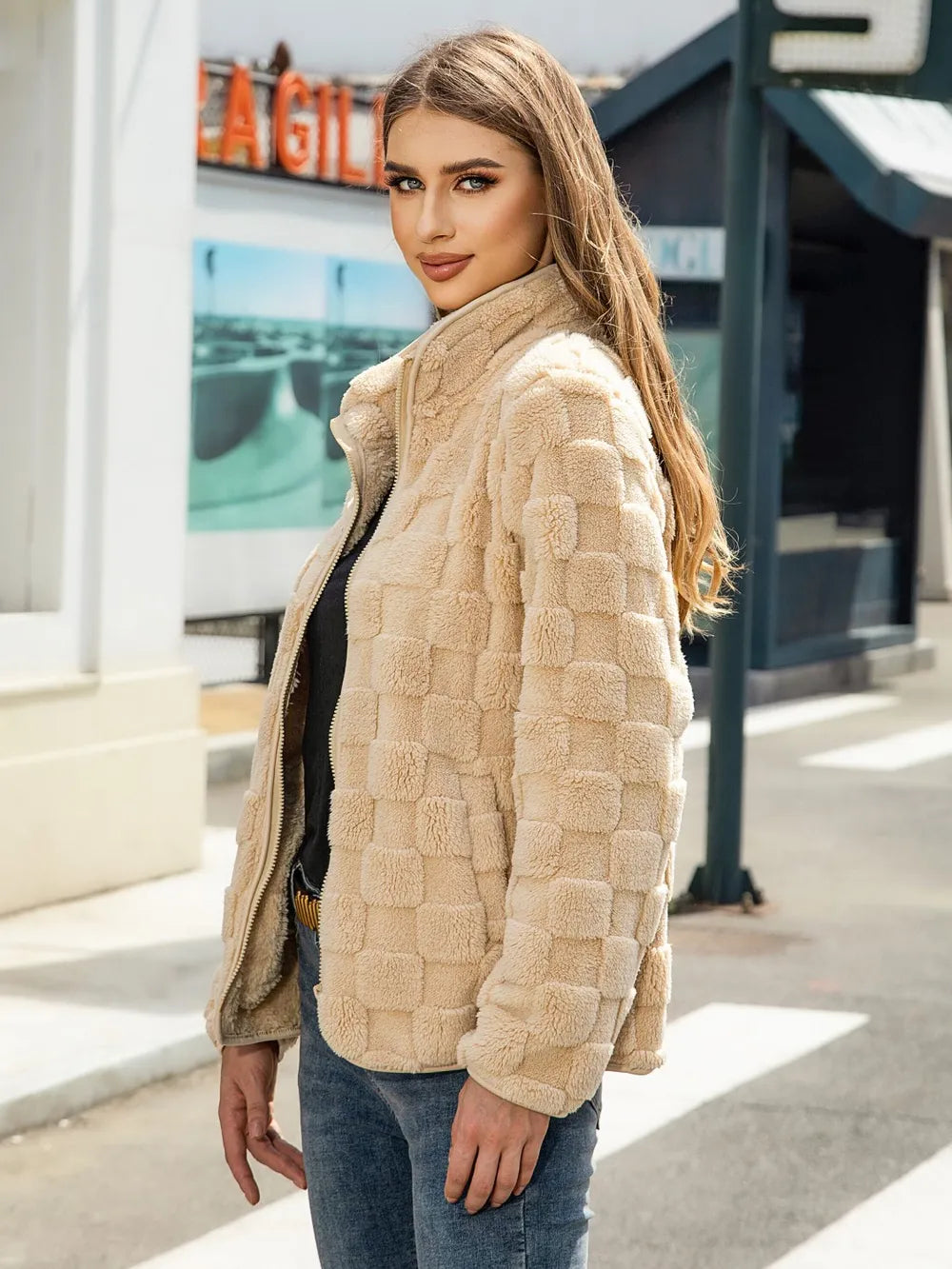 Fuzzy Checkered Zip Up Jacket nicholesgifts