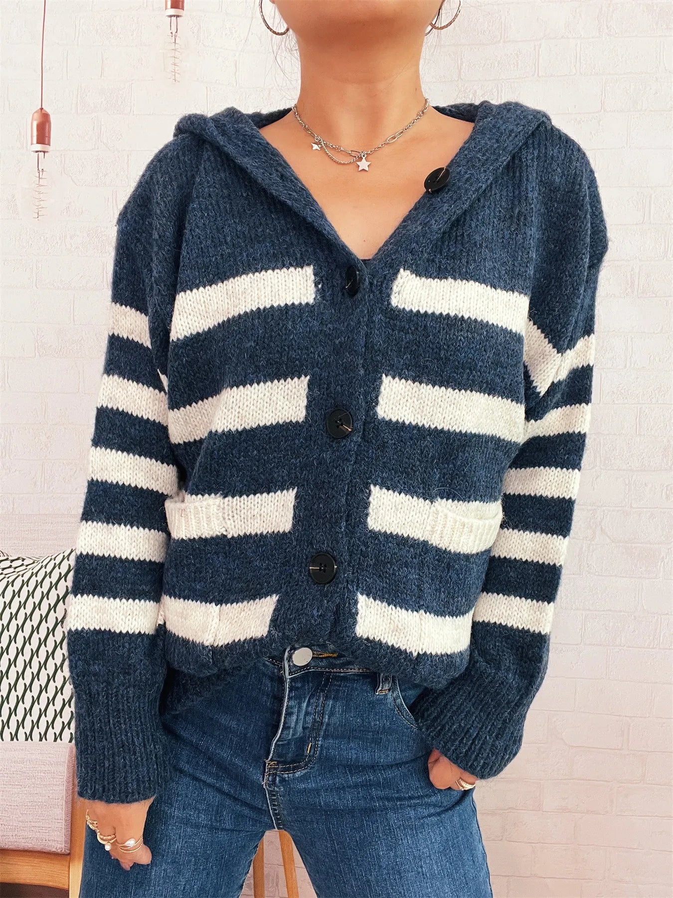 Striped Button-Up Hooded Cardigan