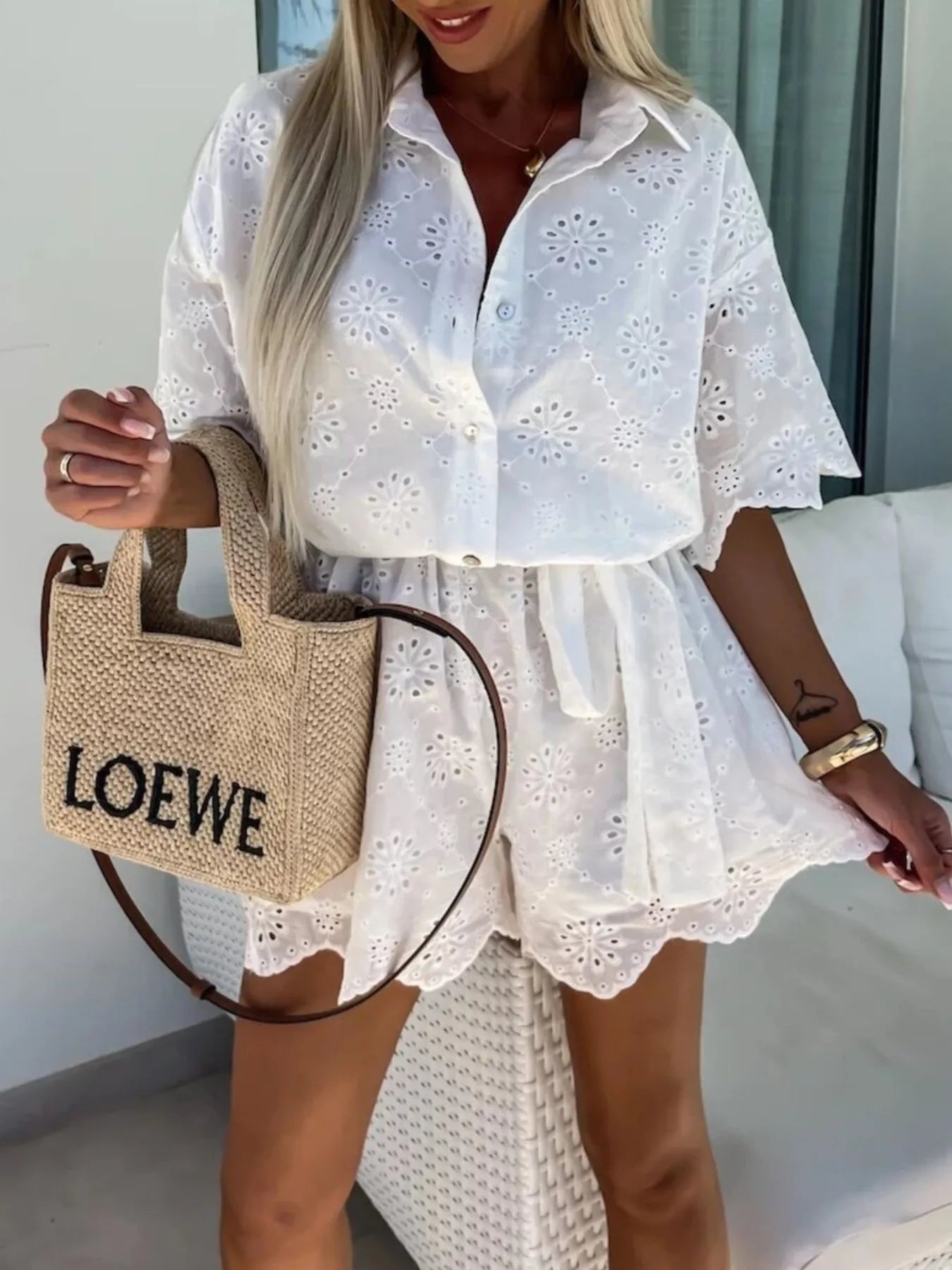 Eyelet Lace Button-Up Romper nicholesgifts