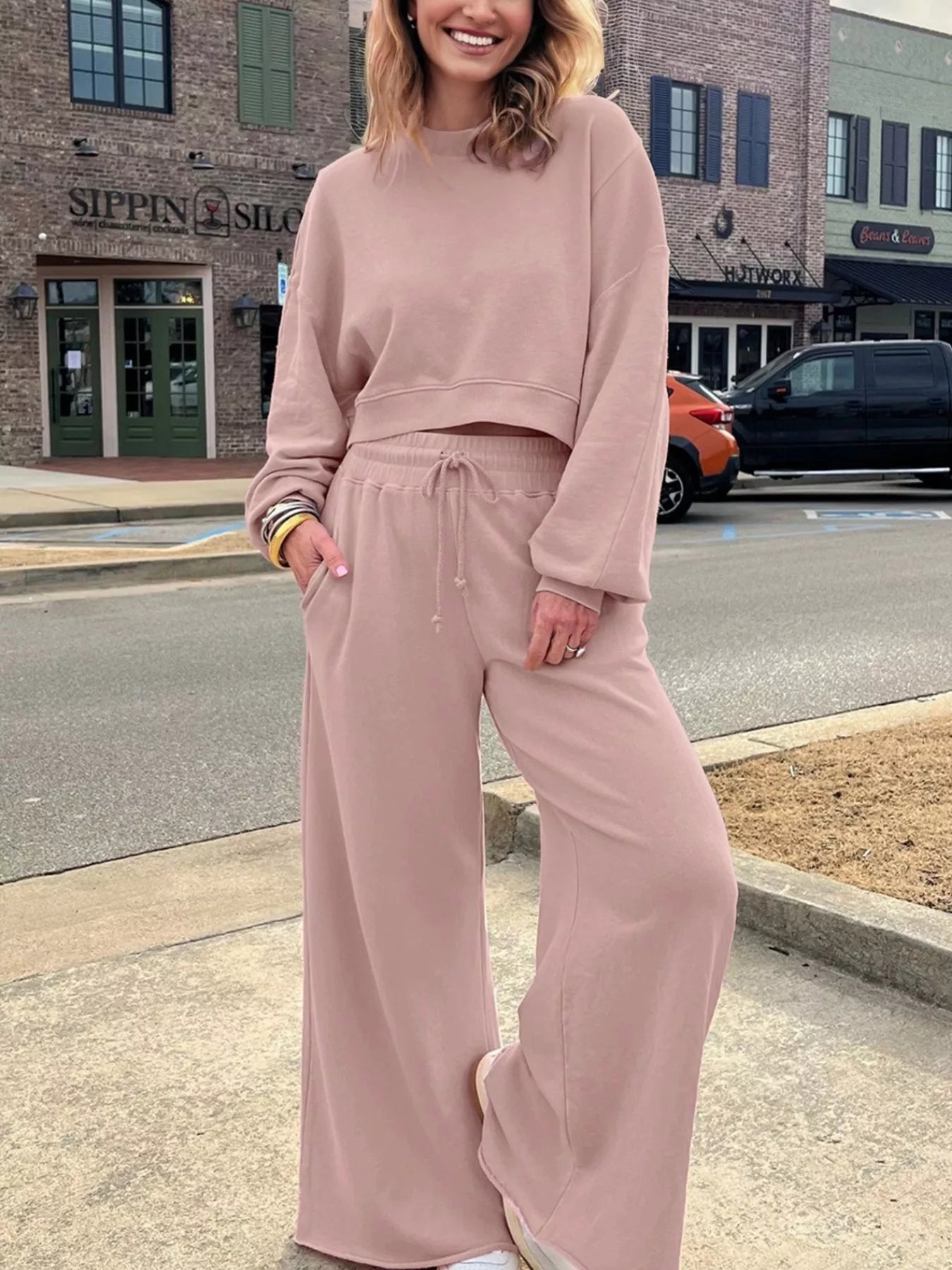 Drop Shoulder Puff Sleeve Crop Top and Drawstring Wide Leg Pants Set Trendsi