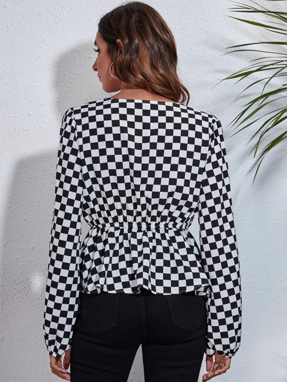 Ruched Printed V-Neck Long Sleeve Blouse nicholesgifts