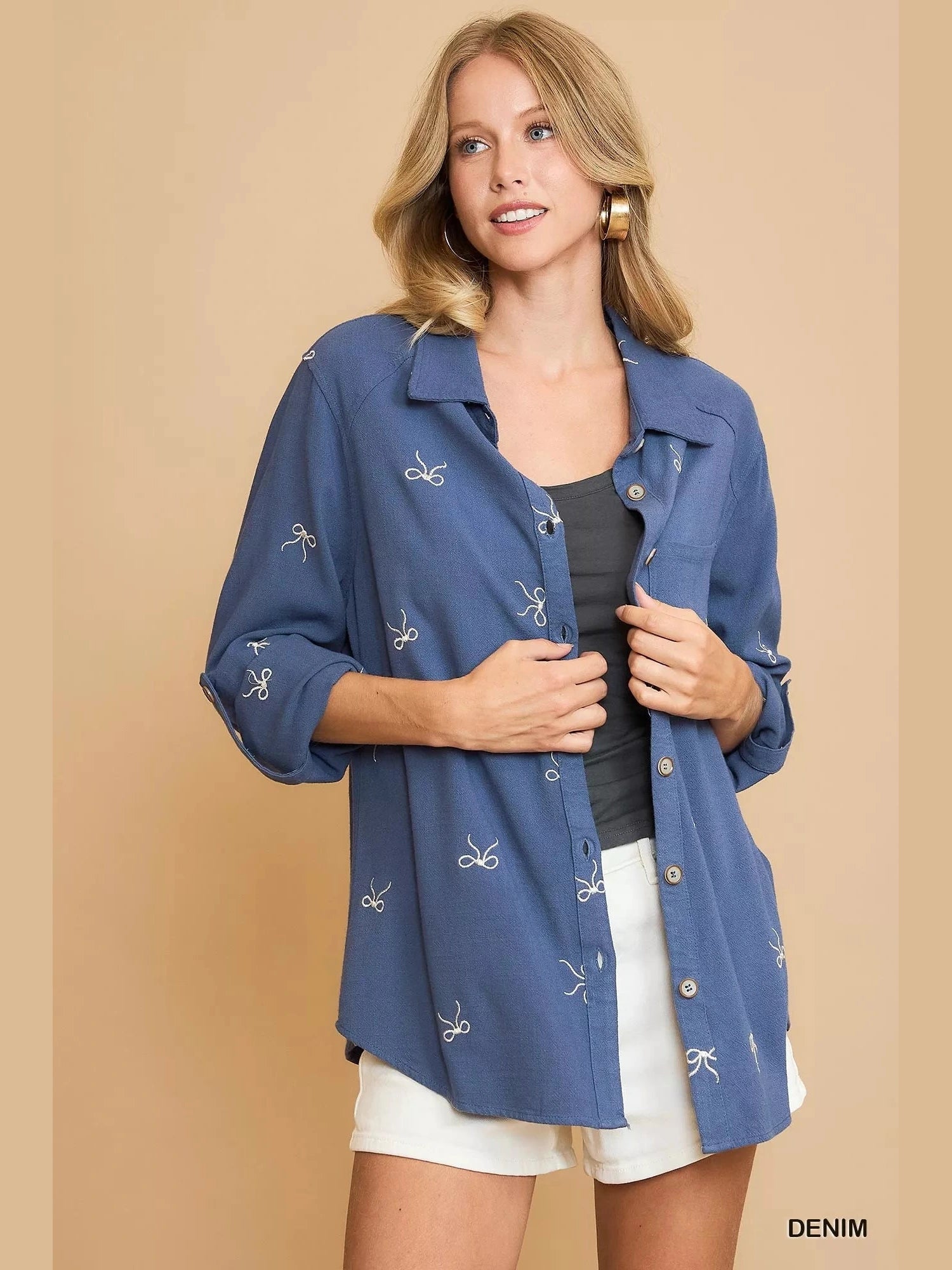 Women Umgee Linen Blend Fitted Long Sleeve Shirt with Ribbon Embroidery Details NicholesGifts