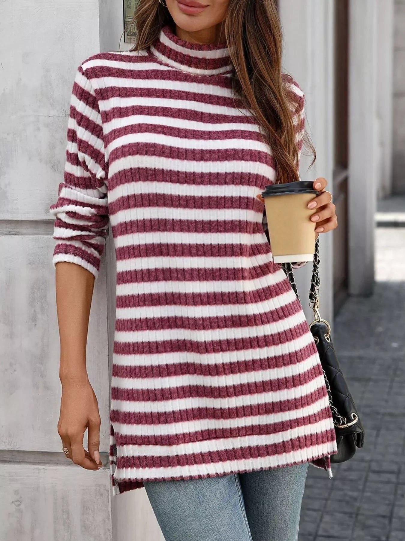 Striped Turtleneck Long Sleeve Knit Top Trendsi