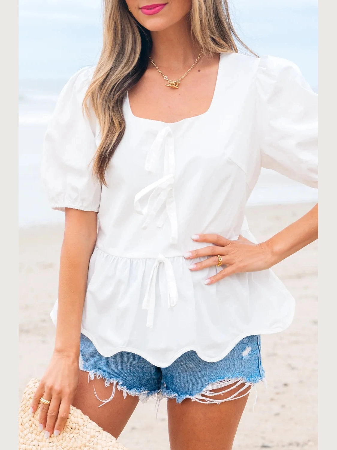 Bow Knot Decor Square Neck Puff Sleeve Peplum Top NicholesGifts