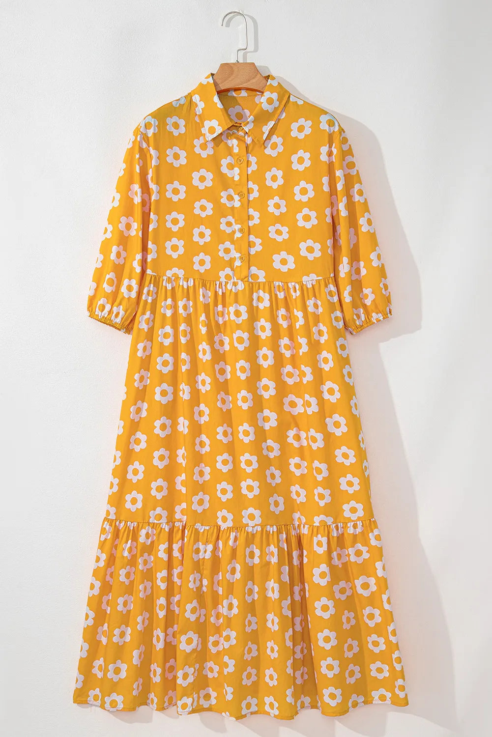 Floral Collared Neck Three-Quarter Sleeve Dress Trendsi