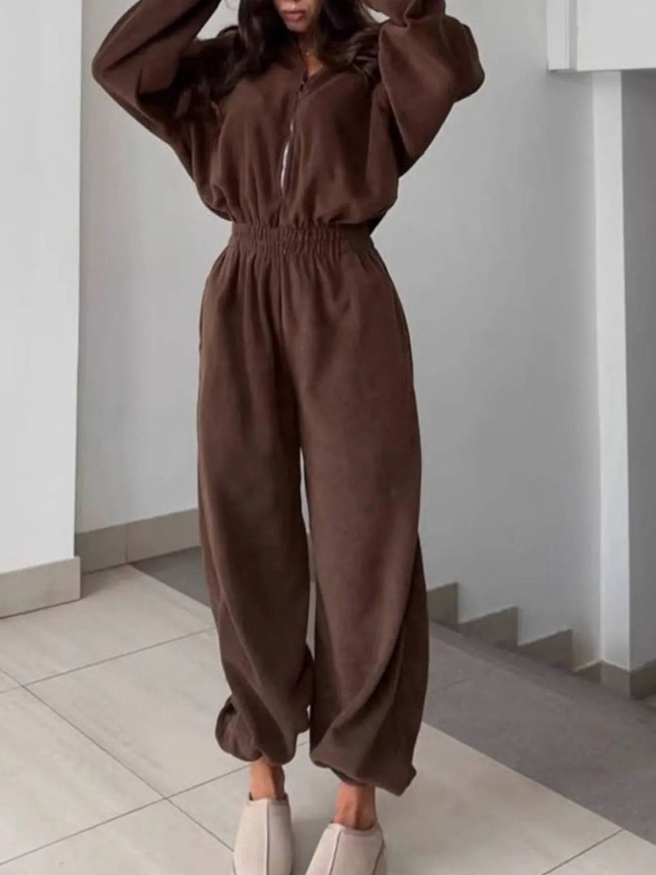 Zip Front Long Sleeve Jumpsuit nicholesgifts