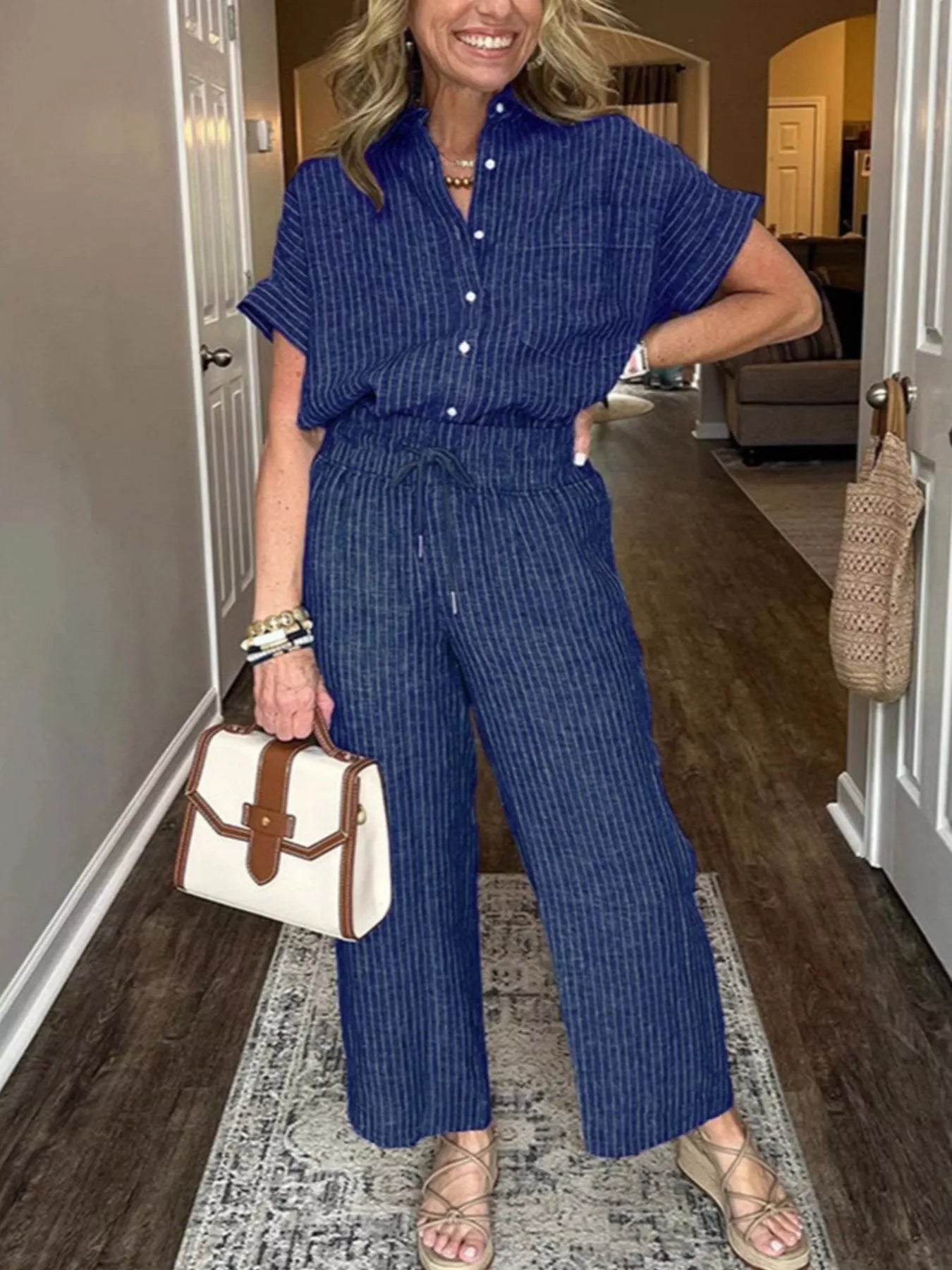 Full Size Striped Button-Up Shirt and Wide Leg Pants Casual Set Plus Size Trendsi