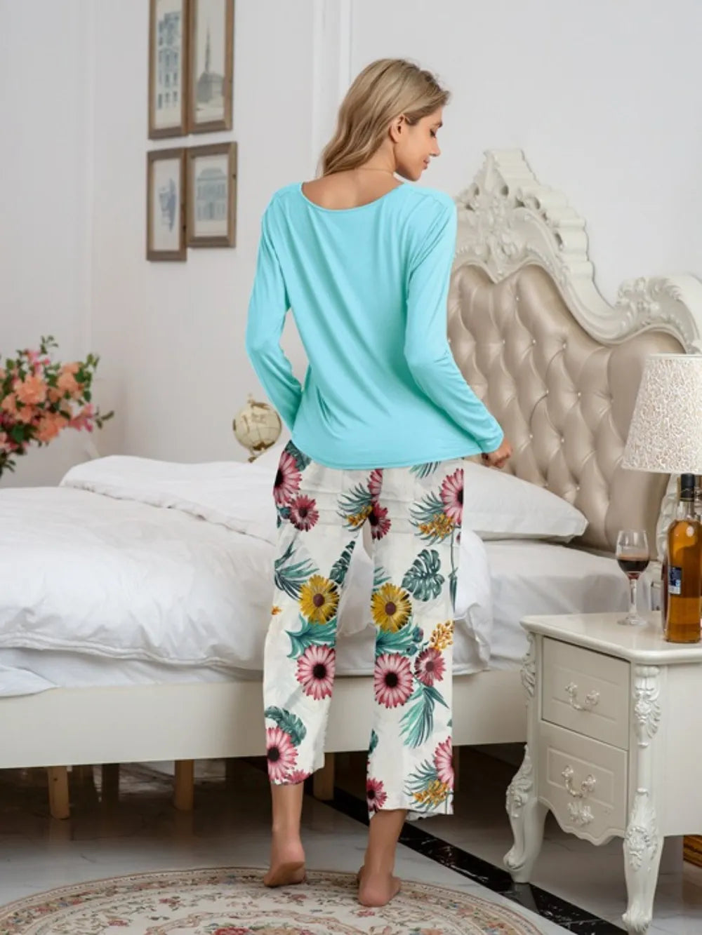 Round Neck Top and Printed Pants Lounge Set nicholesgifts
