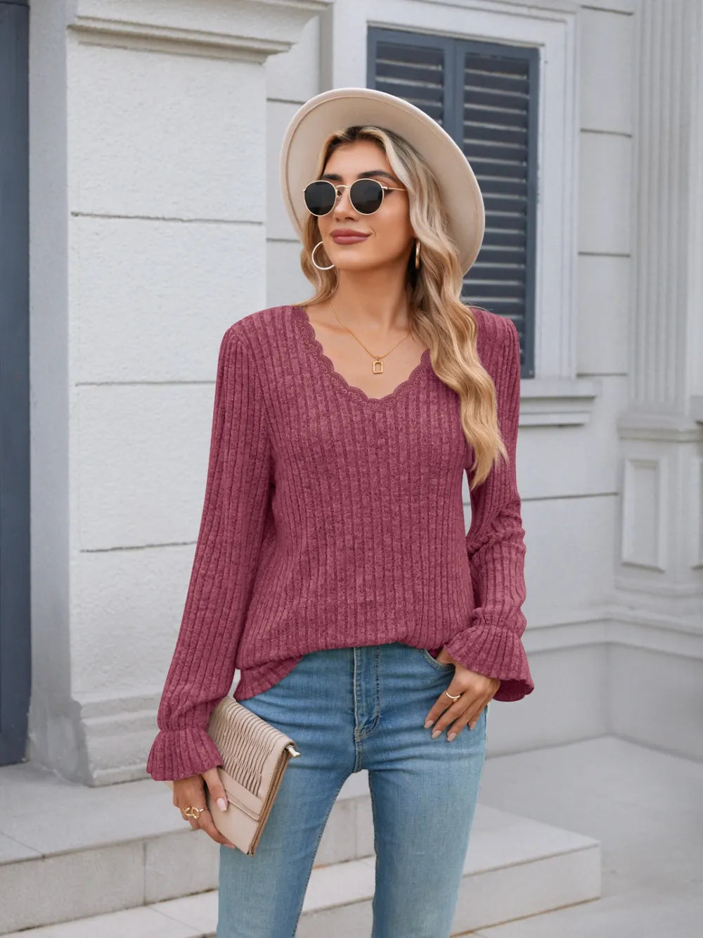 Lace Detail V-Neck Long Sleeve T-Shirt NicholesGifts