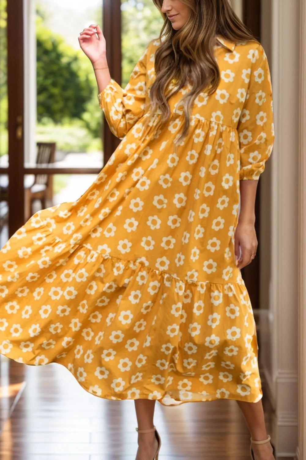 Floral Collared Neck Three-Quarter Sleeve Dress Trendsi