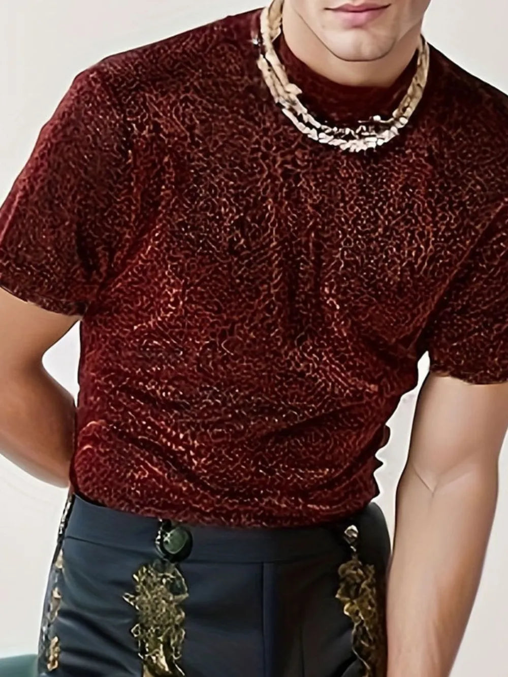 Men's Full Size Glitter Mock Neck Short Sleeve Top Plus Size NicholesGifts