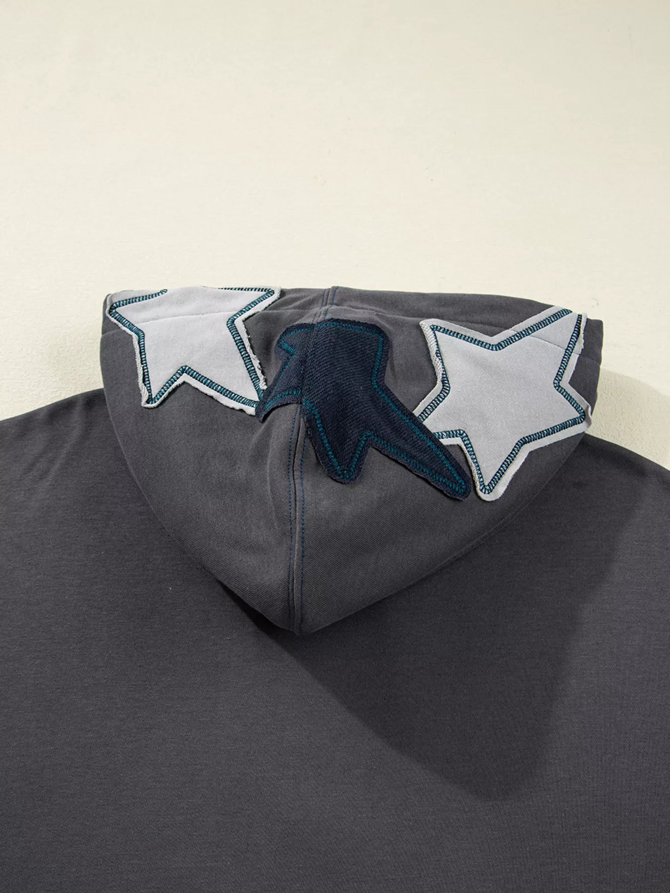 Star Patchwork Contrast Stitching Mineral Wash Kangaroo Pocket Hoodie